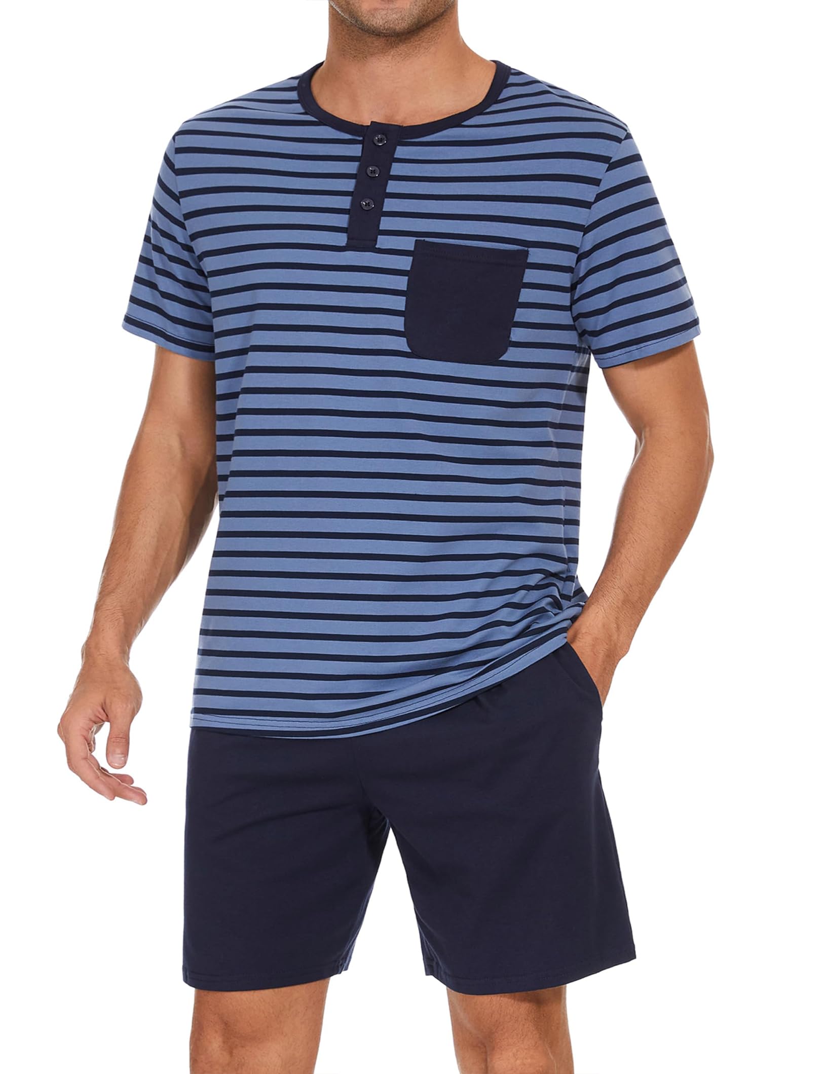 Sykooria Men's Pajama Sets Cotton Loungewear Pjs Shorts Sets 2 Piece Short Sleeve Sleepwear With Pockets