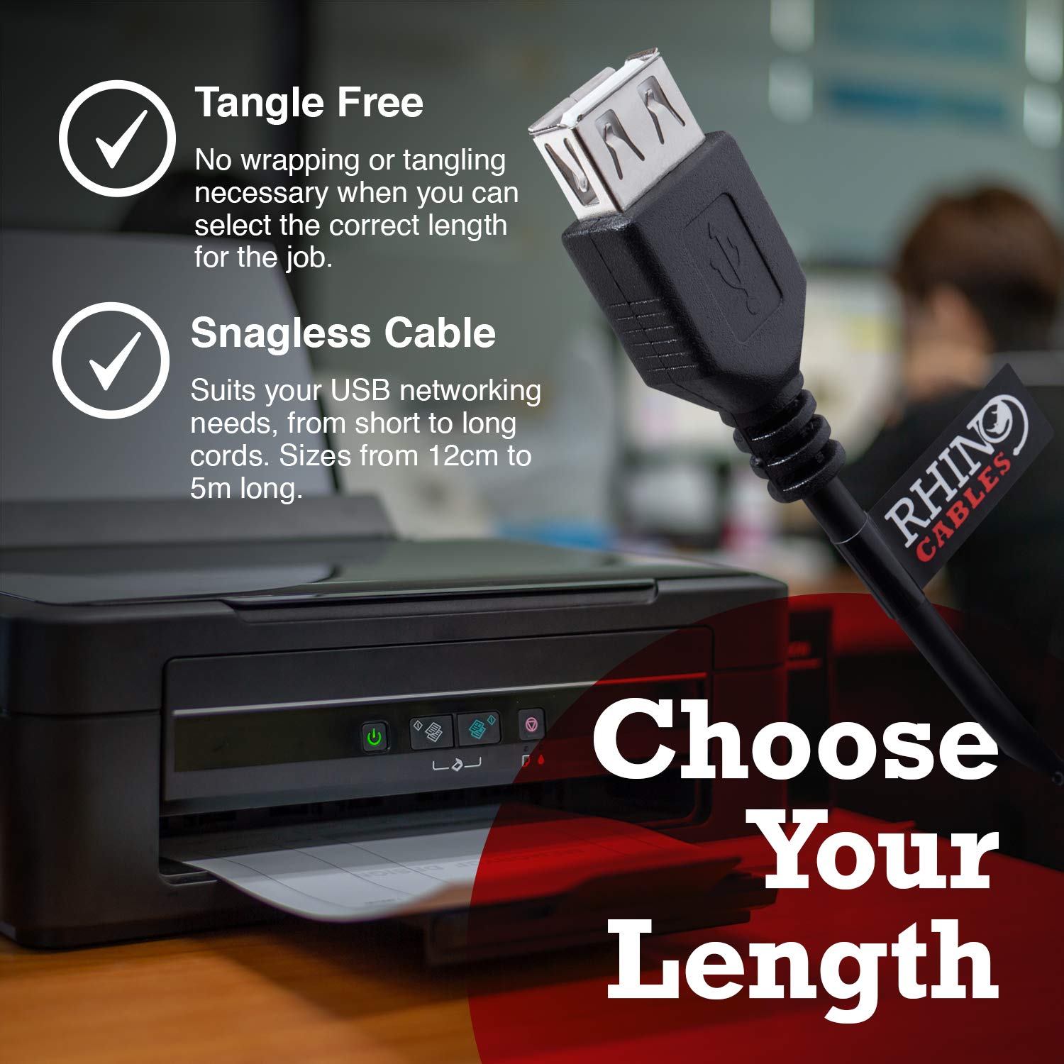 rhinocables USB 2.0 Extension Cable A to A Extender Lead — Male Plug to Female Socket for Extending Connection to Peripherals, Printers, Cameras, Mice, Keyboards — 0.5m / 50cm (Black)
