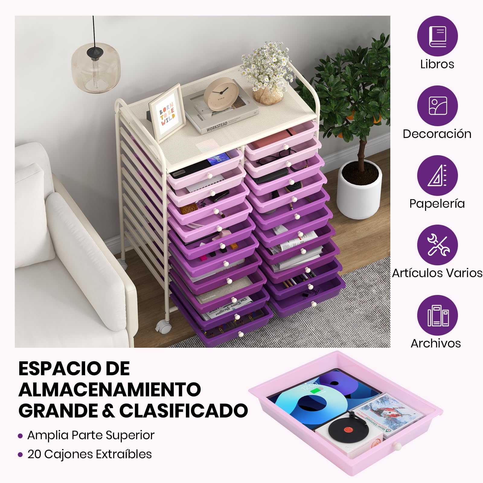 GOPLUS Carrito Auxiliar con 4 Ruedas, Carro de Servicios con 20 Cajones, 2 Ruedas con Frenos, Carro de Almacenamiento de Estructura Metálica para Cocina Oficina Baño (Violeta)
