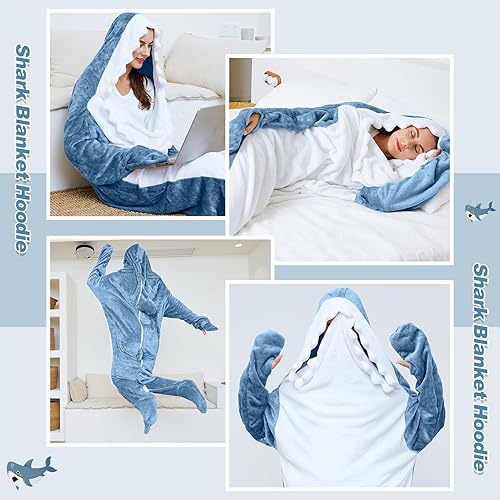 Vista 4 de Shark Blanket Hoodie Onesie for Adults and Kids, Cozy Flannel Shark Sleeping Bag