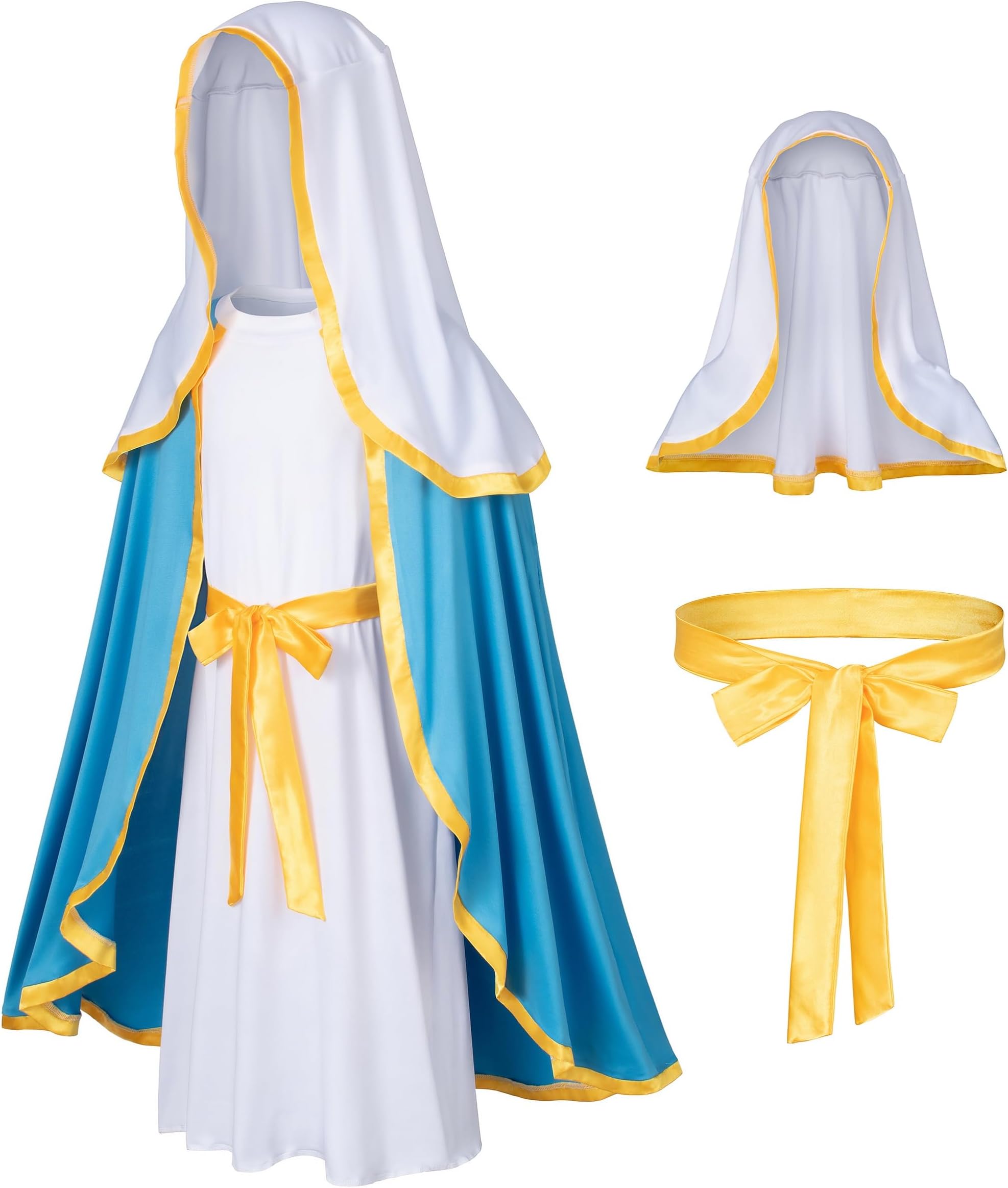 Classic Girl Biblical Religious Virgin Mary Costume Fancy Dress Costume Headwrap Hat Waist Rope Set