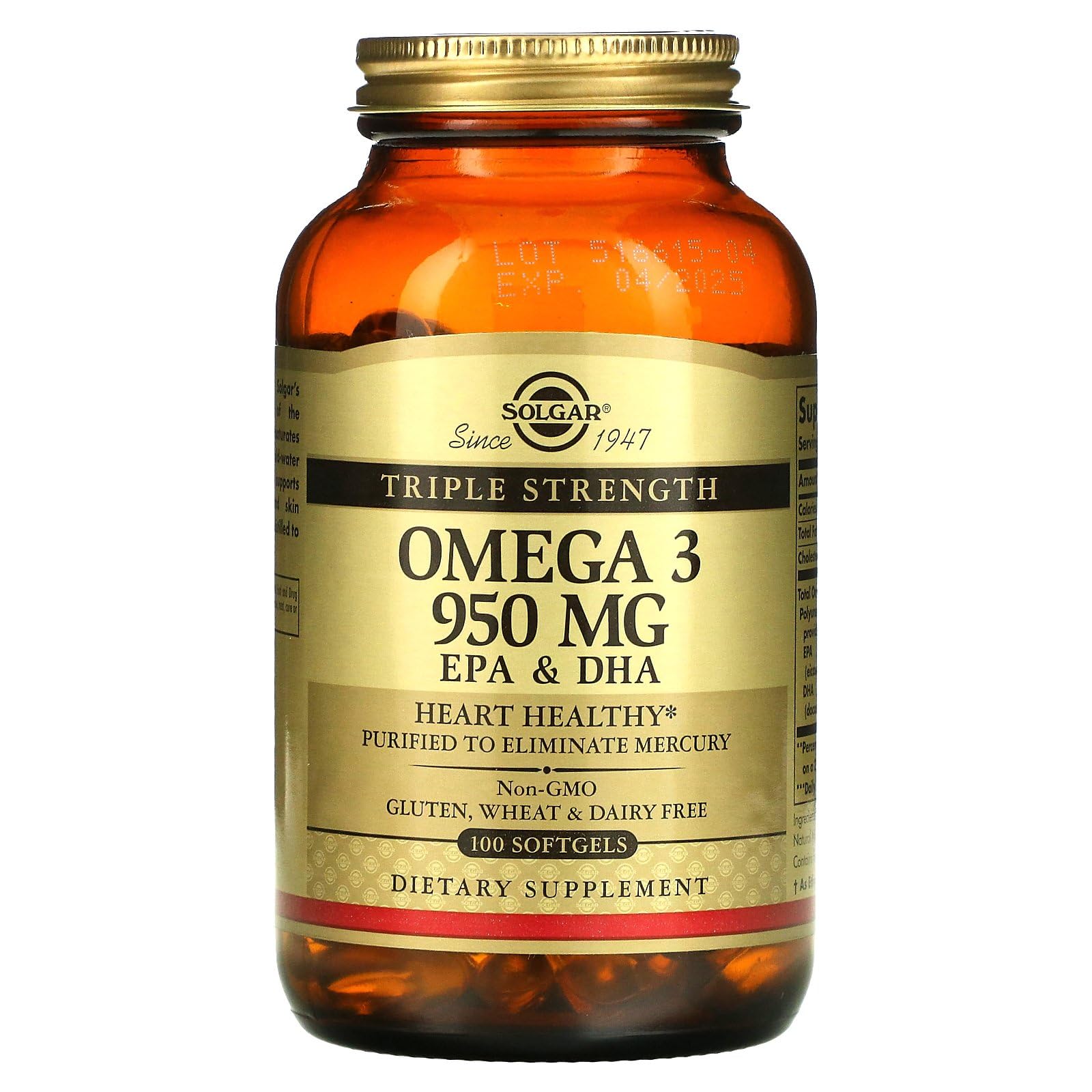 SOLGAR Omega 3 de triple potencia, apoya el cerebro y los ojos, es bueno para la salud del corazón, aceite de pescado, 100 cápsulas blandas, el embalaje puede variar