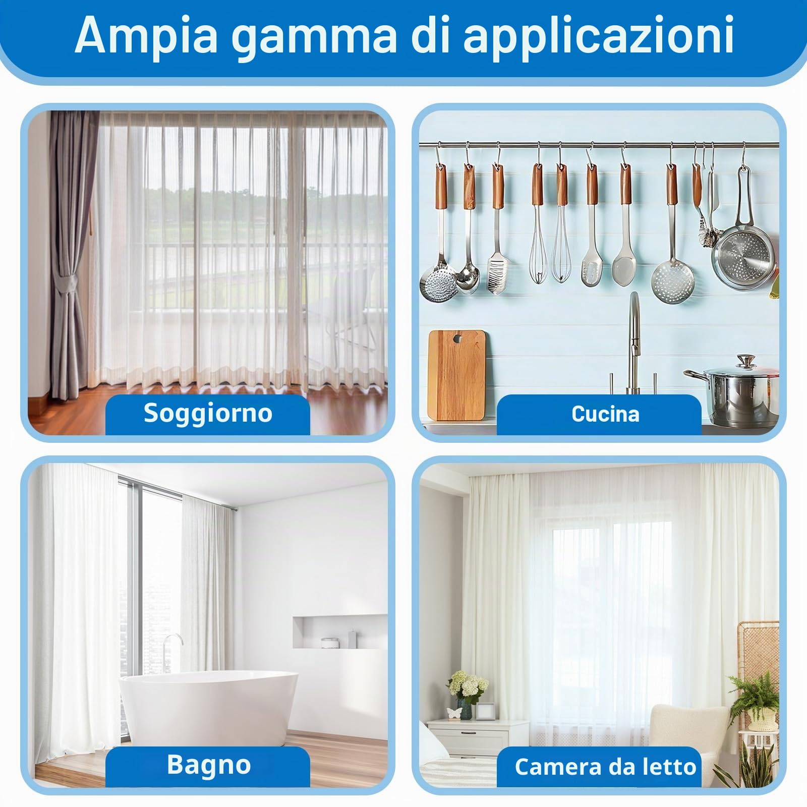INCREWAY 1 set di binari per tende autoadesivi, senza fori, 80 cm, bianco, per montaggio a soffitto e parete, divisorio flessibile per bagno (include ganci per tende)
