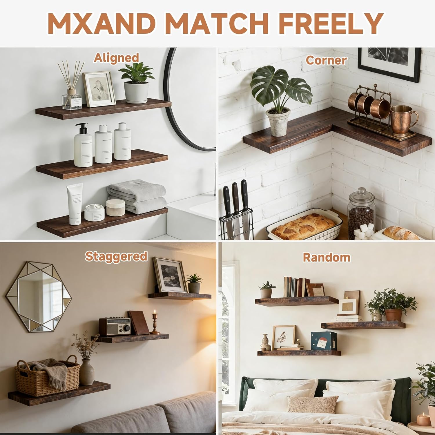 Assembly Easy Floating Shelves Set of 3,24 Inch Wall Mounted Wooden Shelf, Rustic Hanging Shelves for Home Decor, Books and Storage, Organizer for Bedroom,Small Bathroom,Kitchen,Vintage Brown