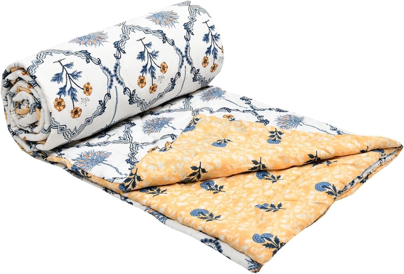 Viscose Cotton Reversible Dohar Single Bed, 110 GSM 3 Layer AC Blanket Comforter, 55 x 86 Inch, Blue & Yellow, Pack of 1
