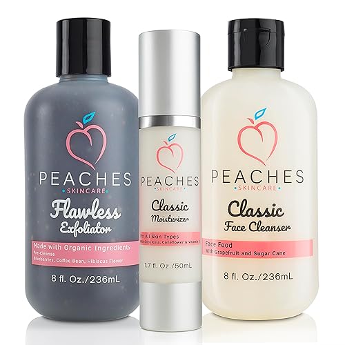 Peaches Skin Care - Kit facial con exfoliante facial, limpiador facial e hidratante - Enriquecido con Gotu Kola y arándanos - Productos veganos para