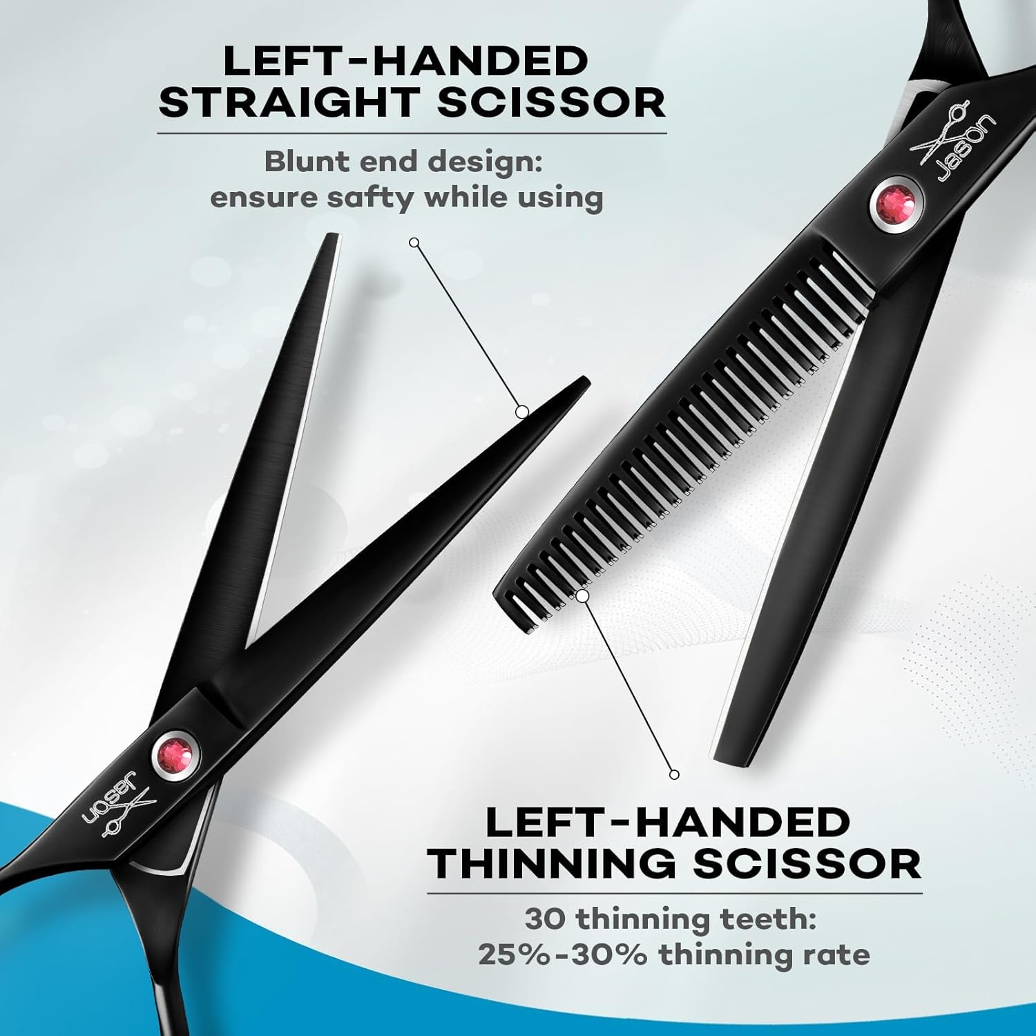 JASON Left Handed Hair Scissors - 10 Pcs Hair Scissors Set, 6 Inch Thinning Shears for Hairs Cutting with 30 Teeth, Professional Straight Shear for Men & Women Barber Set for Home Salon Black Gift