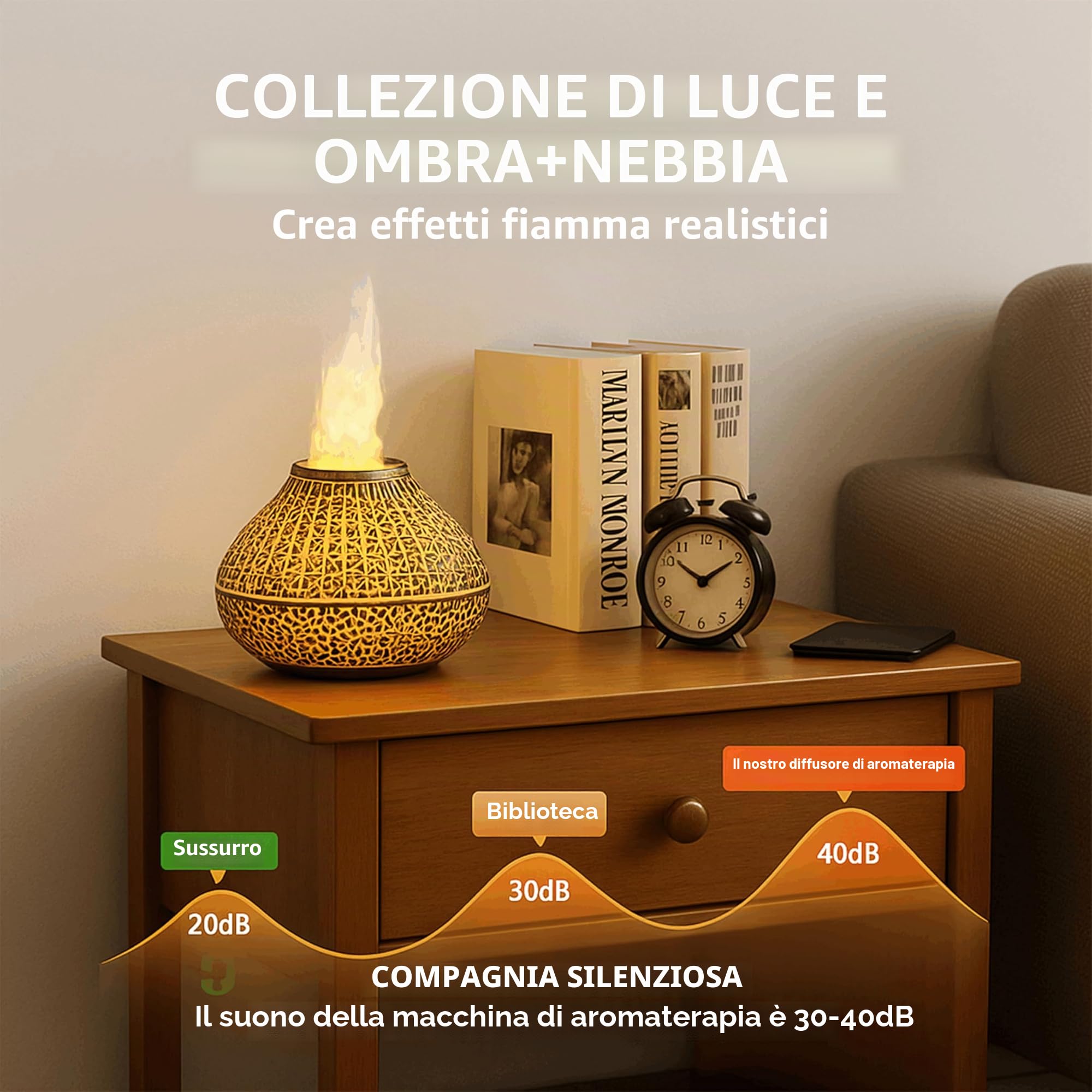 ALMA® Diffusore e Umidificatore di Oli Essenziali con Effetto Fiamma – 7 Colori LED, Funzionamento Ultra Silenzioso e Spegnimento Automatico – Perfetto per Casa, Camera da Letto, Yoga e Ufficio