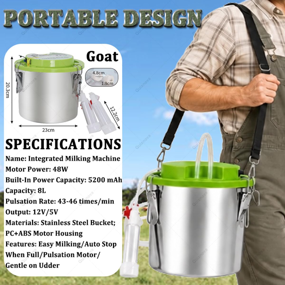 Mungitrice Portatile a Doppia Testa in Acciaio Inox da 8/12 Litri per capre, Mucche, capre e Pecore, Ideale per Uso Domestico e agricolo - Arresto Automatico della mungitura 8L