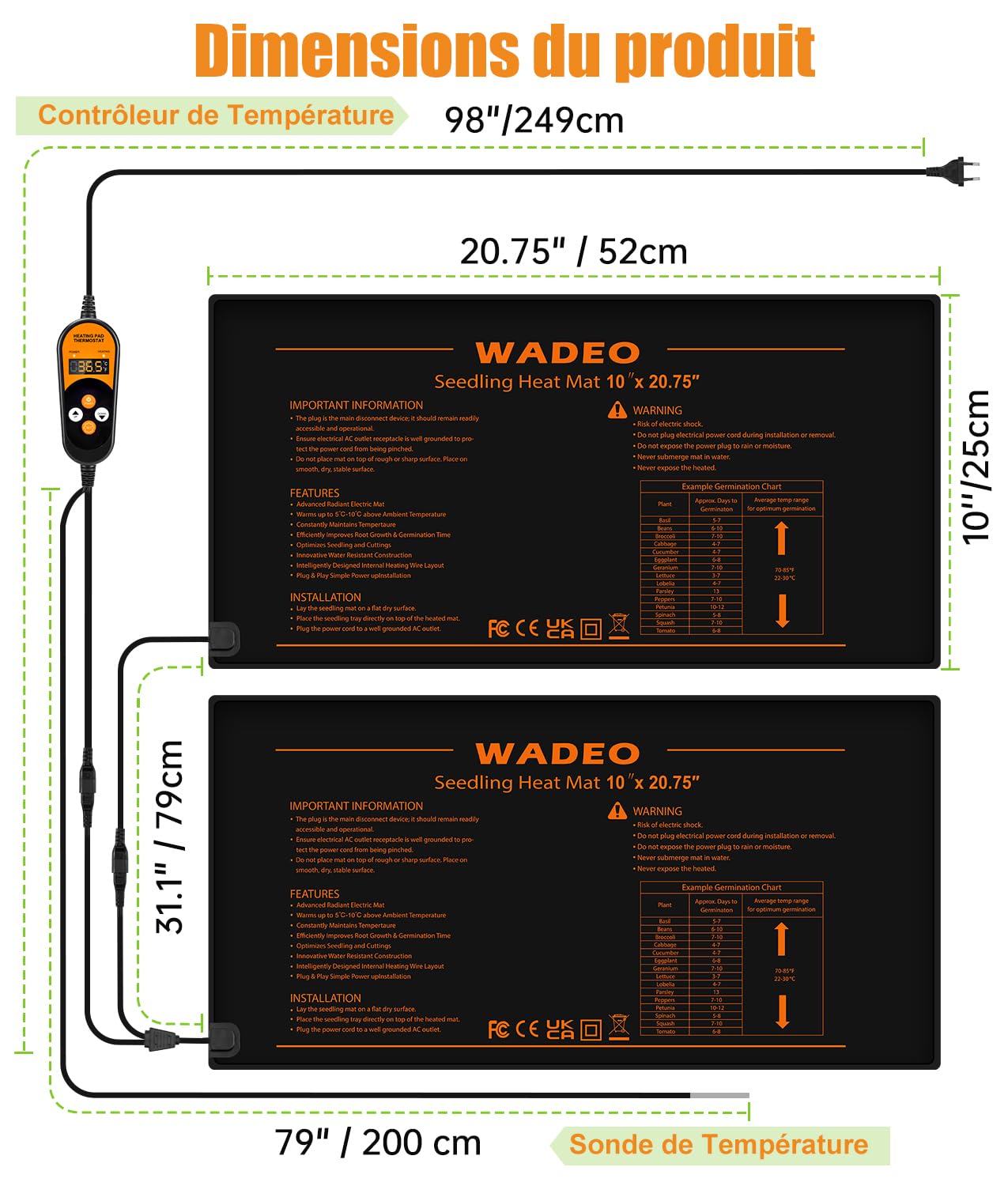 WADEO Tapis Chauffant pour Semis 50W avec Thermostat Numérique [2 Tapis, 1 Contrôleur] - Coussin Chauffant Réglable pour Germination, Boutures, Serre et Terrarium Reptile (IP67, 52x25 cm)