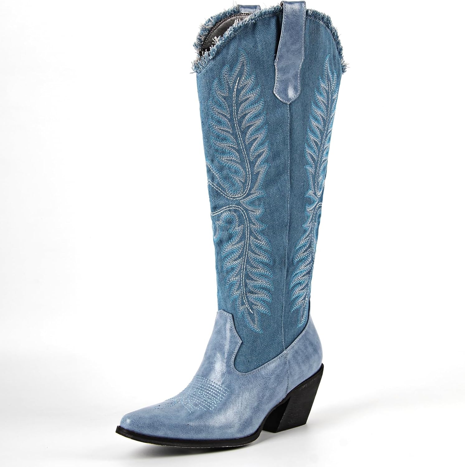 sexytag Denim Knee High Cowgirl Boots for Women Embroidered Cowboy Boots Distressed Side Zipper Pointed Toe Western Boot