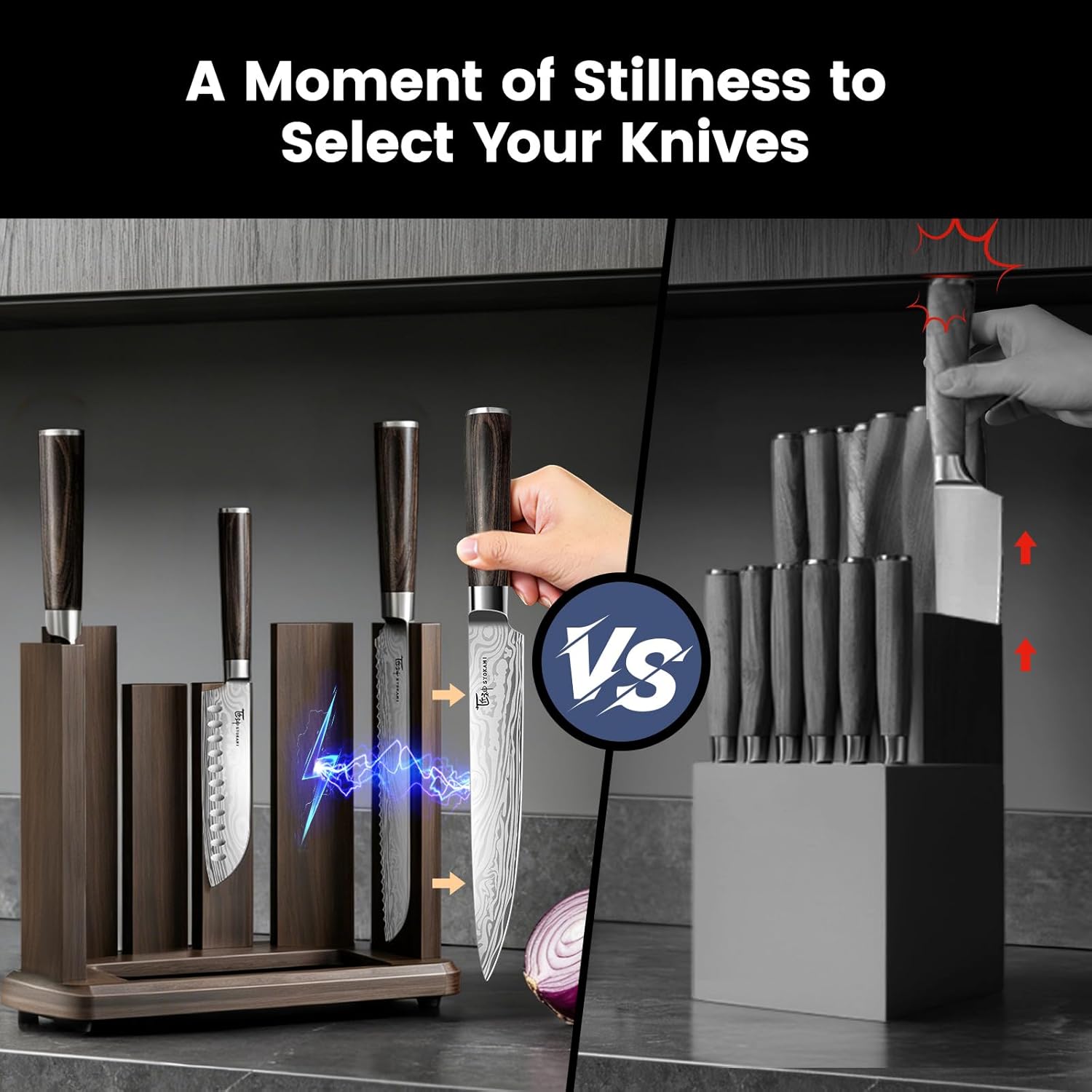 SYOKAMI 15-Piece Kitchen Knife Set with Magnetic Block, Detachable Steak Knife Block for Table Service, Built-In Sharpener, Japanese Inspired, Wood Handle, Damascus Pattern, Housewarming Gifts