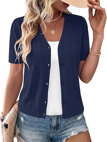 AKEWEI Womens Cardigan V Neck Short Sleeve Lightweight Knit Cropped Sping Summer Cardigans Sweaters