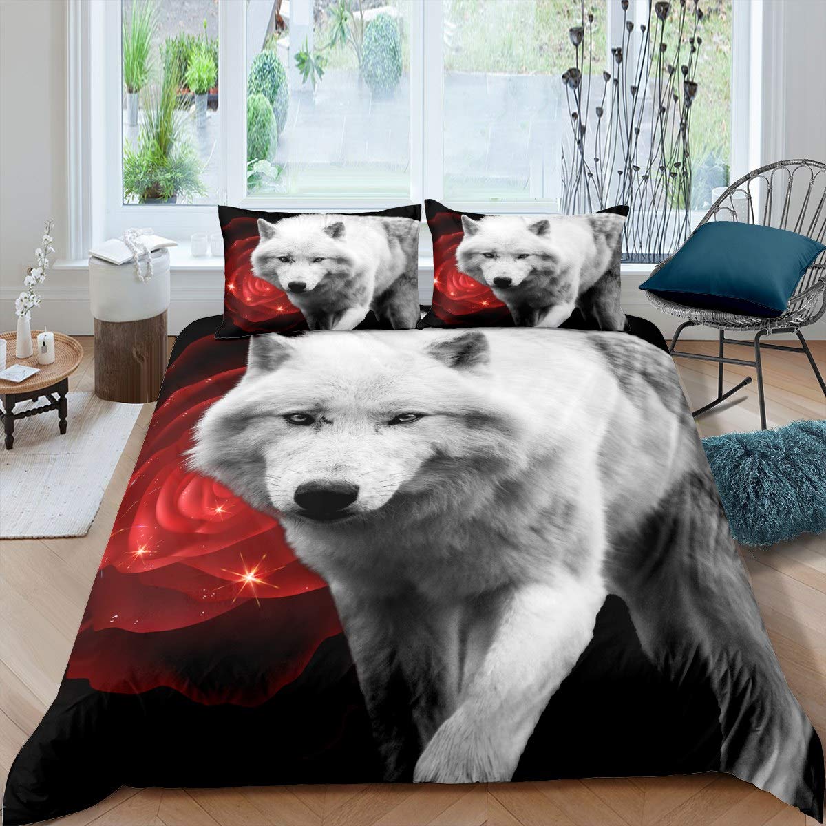 Housse de couette loup blanc imprimé 3D pour lit garçon et adulte