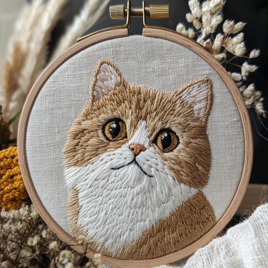 DIY Punch Needle Kits for Beginners Cute British Shorthair Cat with Hoop Embroidery Punch Needle Starter Set Easy for Adults and Kids Festival Gift and Decor 20x20cm
