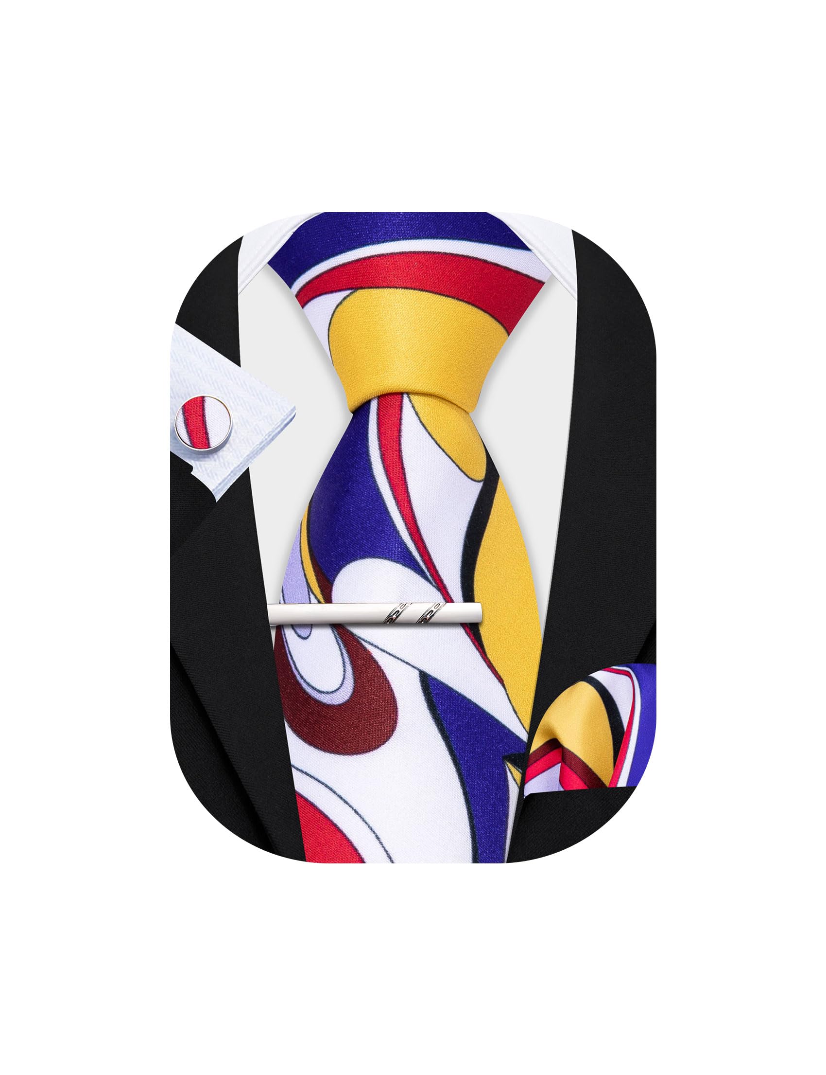 Men Silk Fun Tie Set Designer Necktie with Tie Clip Pocket Square Cufflinks Wedding Halloween Party Festival