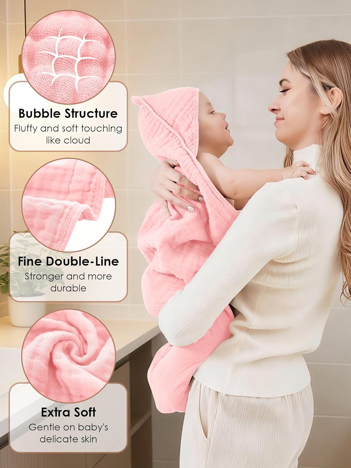 Muslin Hooded Baby Bath Towels - 3 Pack 100% Cotton Ultra-Soft Towels for Newborns, Infants, Toddlers - 32x32 Inch - Highly Absorbent, Quick-Dry Essentials for Bath Time, Beach, Pool, Pink Series - Image 7
