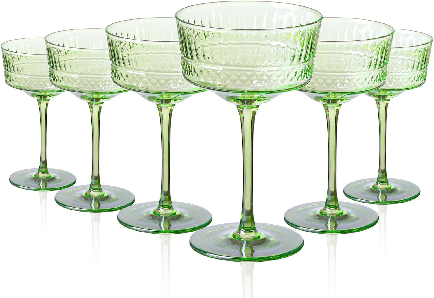 Green Coupe Cocktail Glasses set of 6 - Ribbed Coupe Cocktail Glasses 9oz, Unique Cocktail Glass for Bar, Martini, Cosmopolitan, Manhattan, Impressive Cocktail Party Glasses