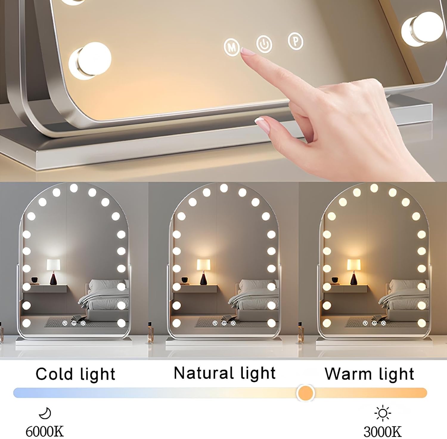 Arch Makeup Mirror with Lights, Table Mirror LED, Lighted Hollywood Vanity Mirrors, 3 Color Modes, Dimmable Light, 360° Rotation, Dressing Room & Bedroom(Silver,52 * 74cm/20.4 * 29.1in)