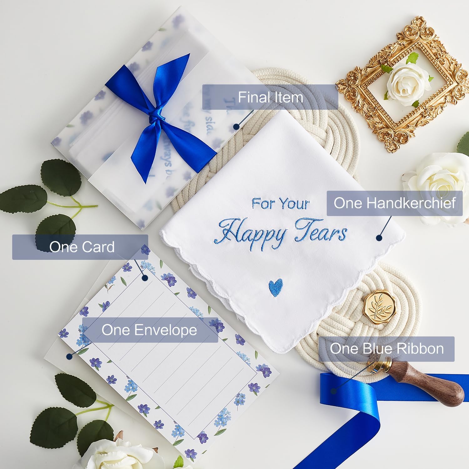 Happy Tears Handkerchief Wedding Gifts Something Blue Gift for Bride to Be Mother of the Bride and Groom Gift, AKI-103R