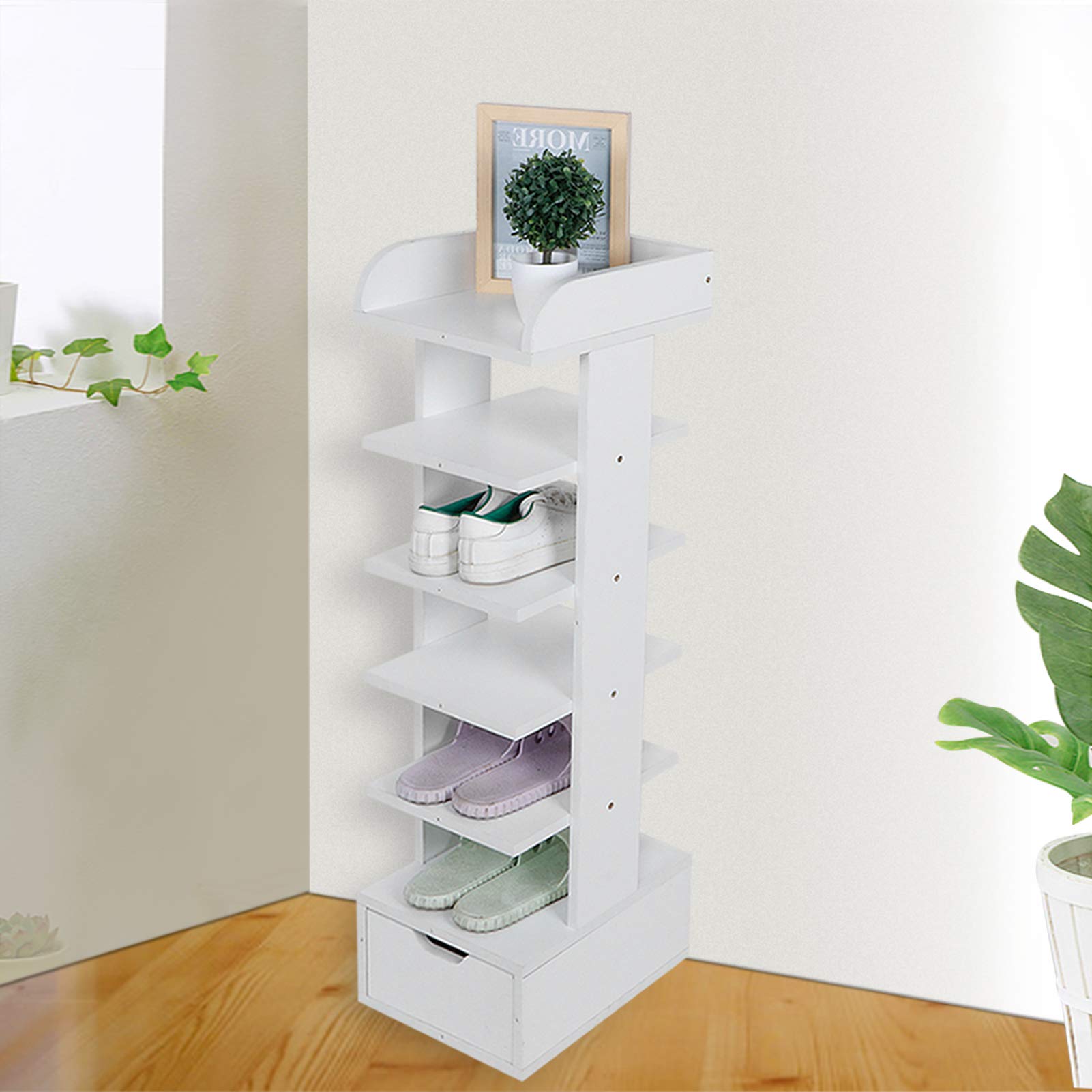 Cocoarm Półka na Buty Płyta Wiórowa Organizer na Buty 6-warstwowa Pionowa Półka do Przechowywania z szufladą 27,5 X 27,5 X 94, Cm do Przedpokoju, Przedpokoju, Szafy w Sypialni