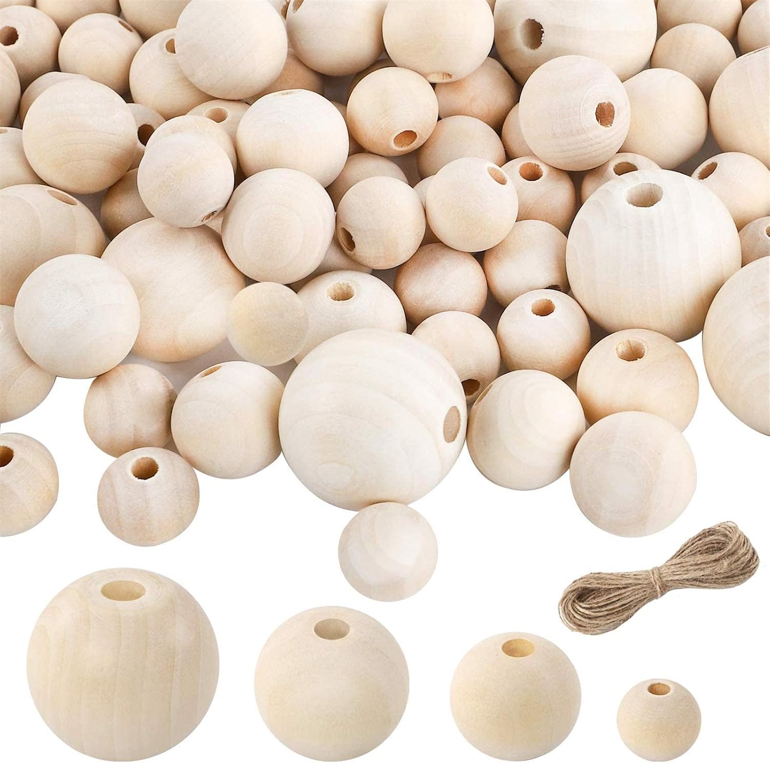 Outuxed 180pcs 16mm, 20mm, 25mm, 30mm Natural Wooden Beads for Crafts Round Loose Beads Unfinished Wood Spacer Beads with 1 Roll Jute Twine for Jewelry Making Decorations, 4 Size