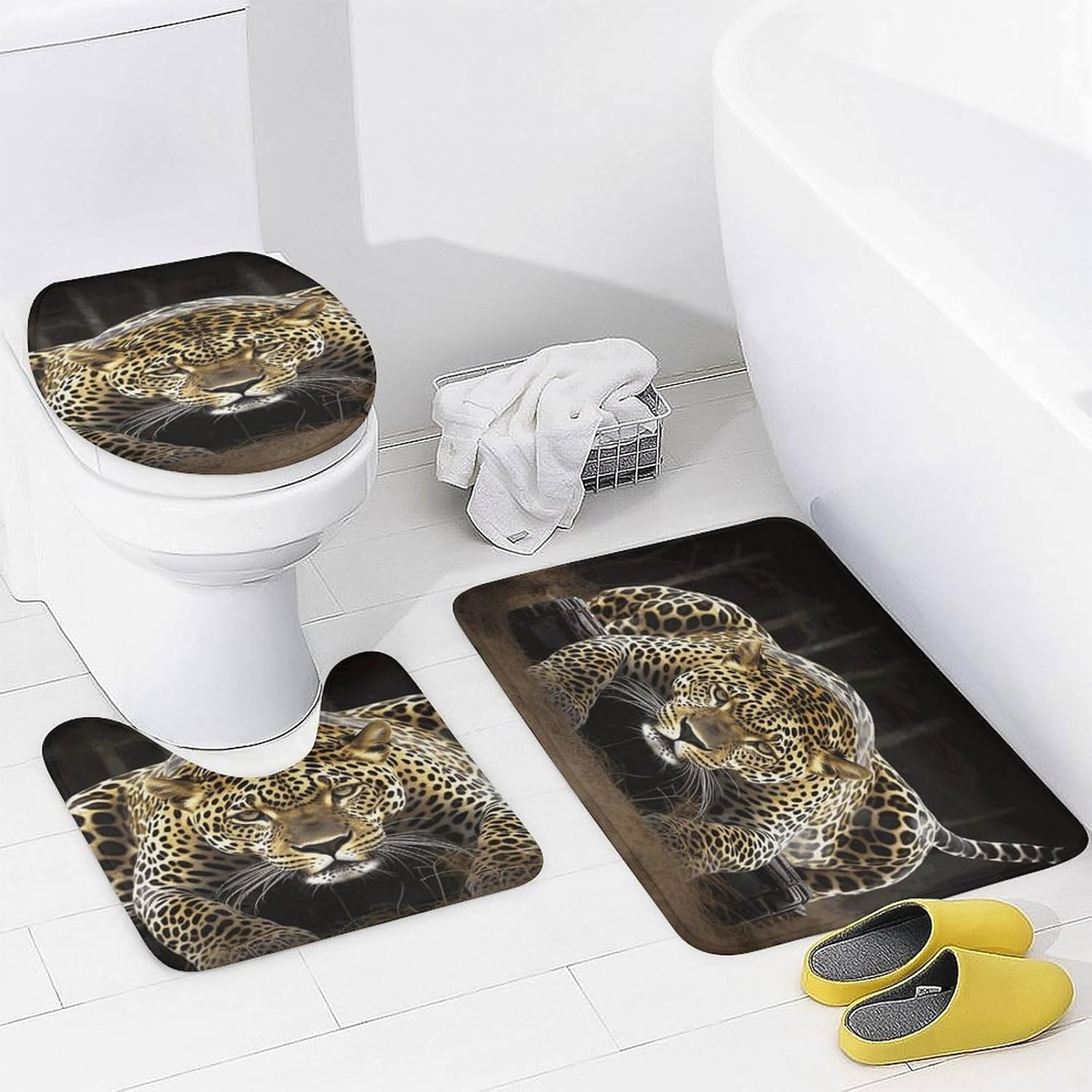 Leopard2 Bath Rug Set 4 Piece,Bathroom Accessories Set-Toilet Rugs U Shaped,Toilet Lid Cover,Shower Curtain and Rugs,Ultra Soft, Absorbent,Home Decor