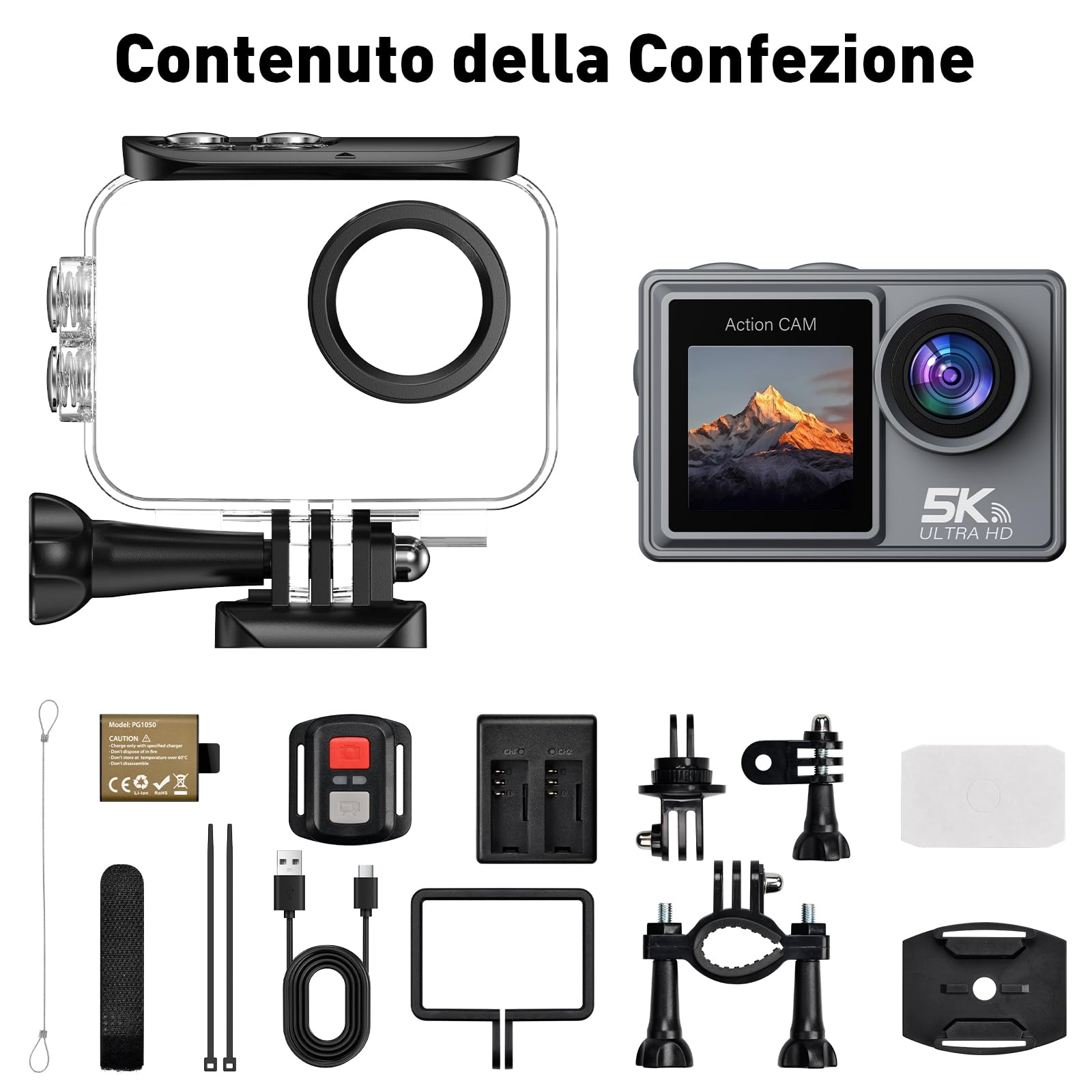 Action Cam 5K/4K 50MP Fotocamera Subacquea con scheda SD da 64 GB, Dual Screen Videocamera con Stabilizzatore EIS, WiFi, 2 Batterie, Grandangolo 170° per Immersioni, Vlog, telecamera moto