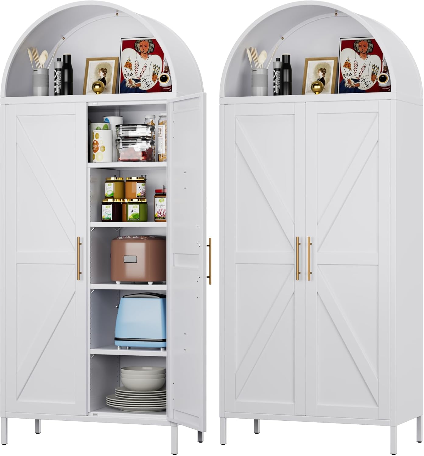 Metal Arched Storage Cabinet with Doors, Arched Kitchen Pantry with Adjustable Shelves for Kitchen, Pantry, Dining Room, Assembly Required,White,72.8" H×30.7" W×15.4" D