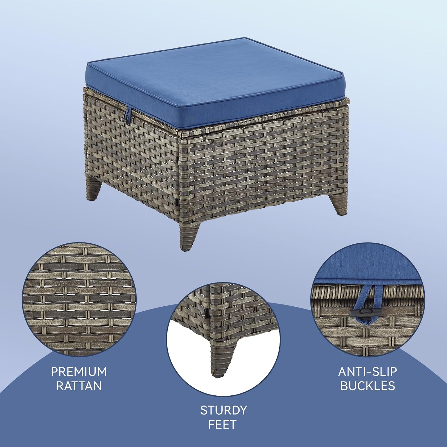 Patio Ottomans Set of 2 Wicker Ottomans PE Rattan Footrests Footstools with Water Resistant Cushions for Garden Balcony Sunroom Poolside, Grey Wicker|Blue Cushions, Ottomans(2PCS)