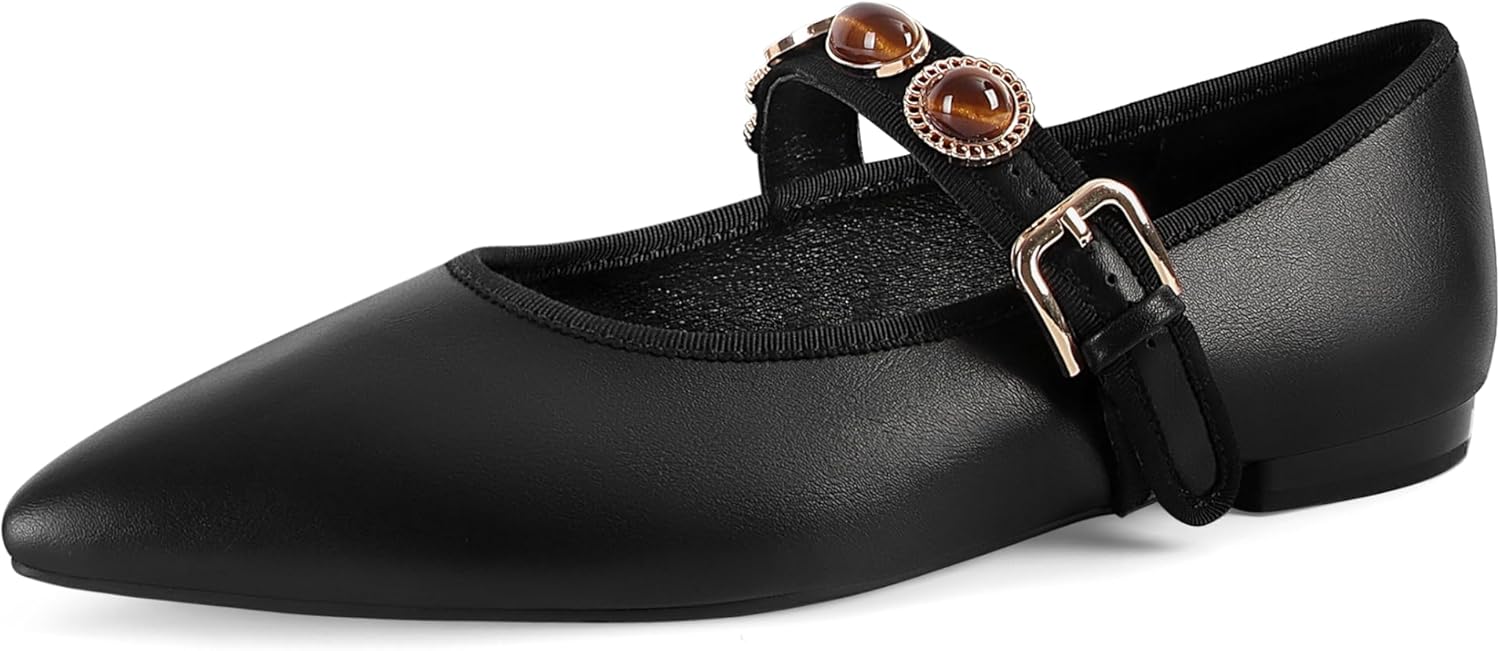 Women's Ballet Mary Jane Flats Pointed Toe Buckle Strap Flats Dressy Comfortable Ballerina Shoes for Work Walking