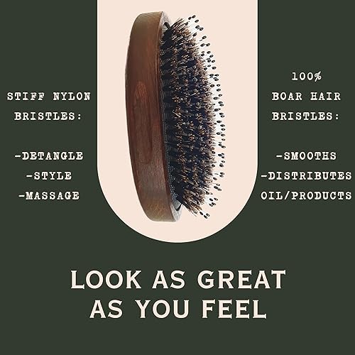 Miniatura 3 de Cepillo para barba para hombre, cerdas de jabalí y cepillo de palma de estilo militar de nailon, cerdas dobles suaves y rígidas para el cuidado del