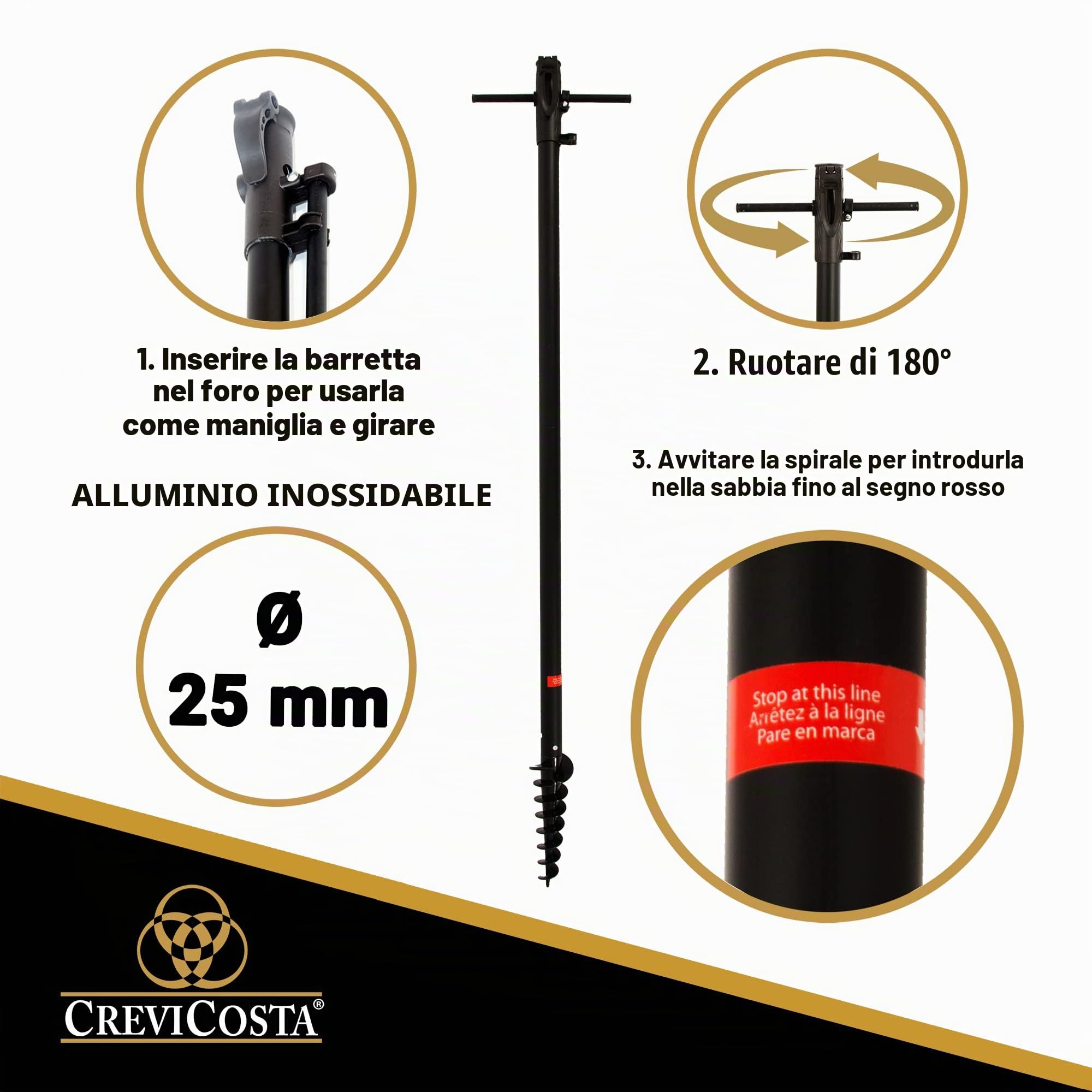 CREVICOSTA QUALITY MARK MARCAS DE CALIDAD Ombrellone da spiaggia modello OLIMPIA NERO 200 cm con spirale e palo di viaggio totale 8 aste. Protezione totale contro i raggi UV, Olimpia Nero, 200 cm
