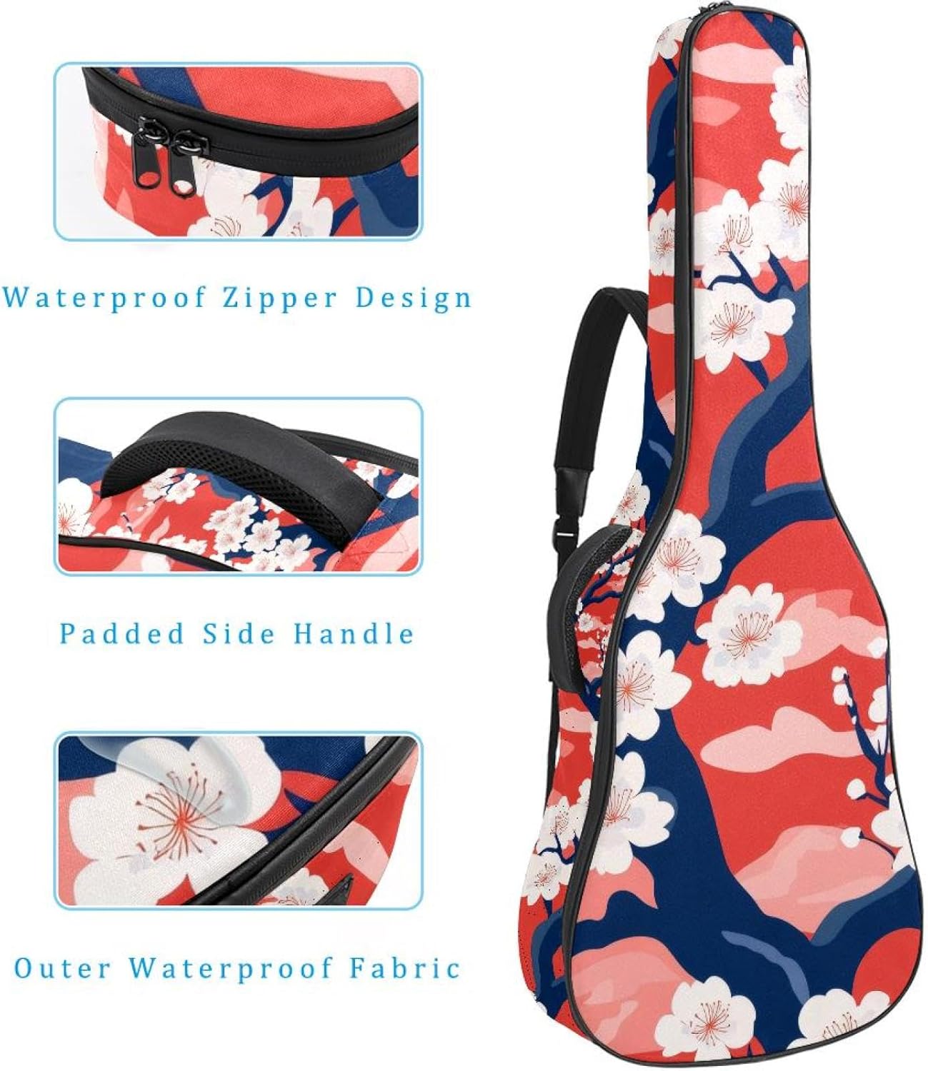 Acoustic Guitar Gig Bag 10mm Thick Padding, Soft Waterproof Guitar Case with Adjustable Backpack Straps for 40-42 Inch Guitar, Pink Elegant Japanese Cherry Blossoms Flowers