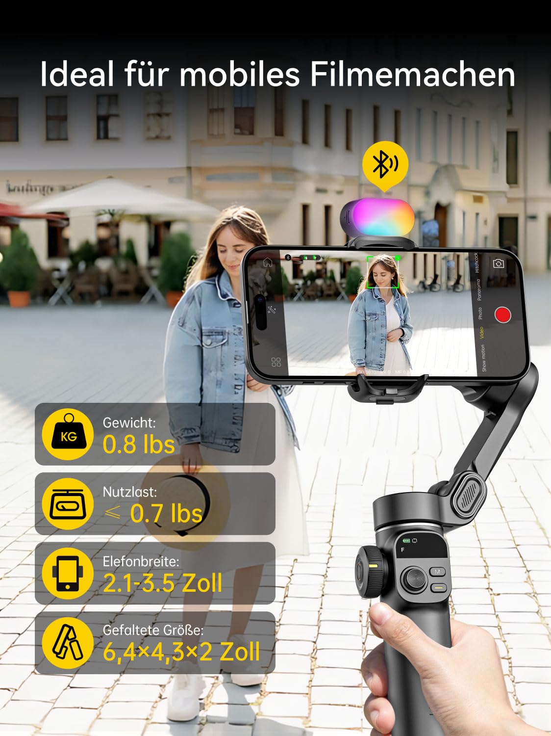 AOCHUAN Gimbal-Stabilisator für iPhone, Telefon-Gimbal mit magnetischem RGB-Fülllicht, faltbares Stabilisator mit integrierter 7,8-Zoll-Verlängerungsstange für iPhone/Android Smart X2 Kit Schwarz
