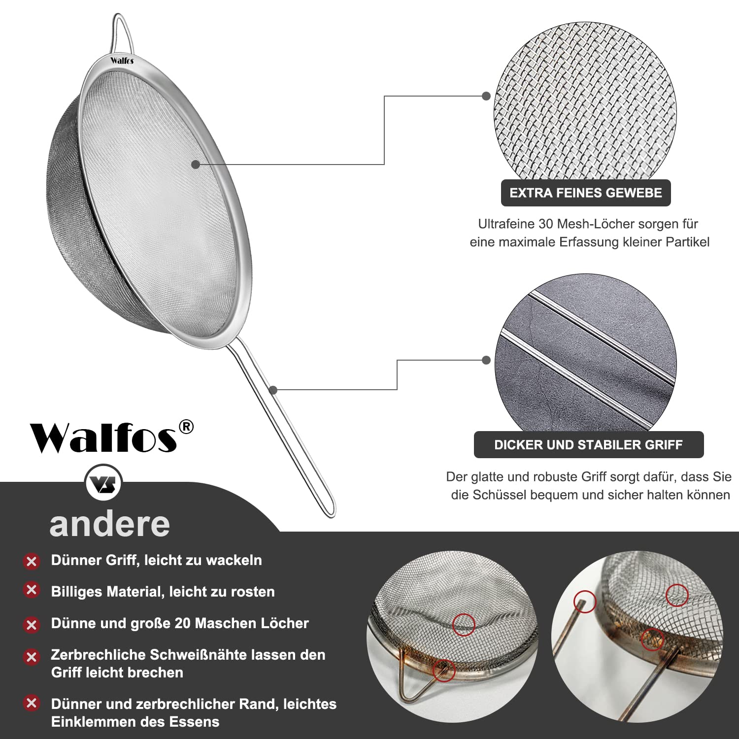 Walfos Set di colini e setaccio a maglia fine, in acciaio inox di alta qualità, con