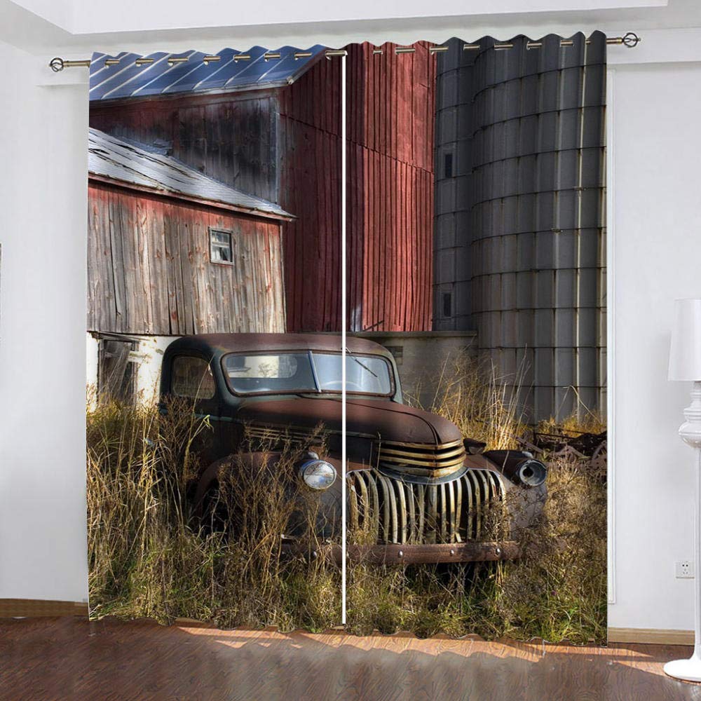 CLRJ Thermal Blackout Curtains Retro, architecture, car Super Soft Eyelet Curtains Noise Reduce 3D Print Photo Ring Top Curtains 2 Panels/Set 2 x W46 x H54 Inch