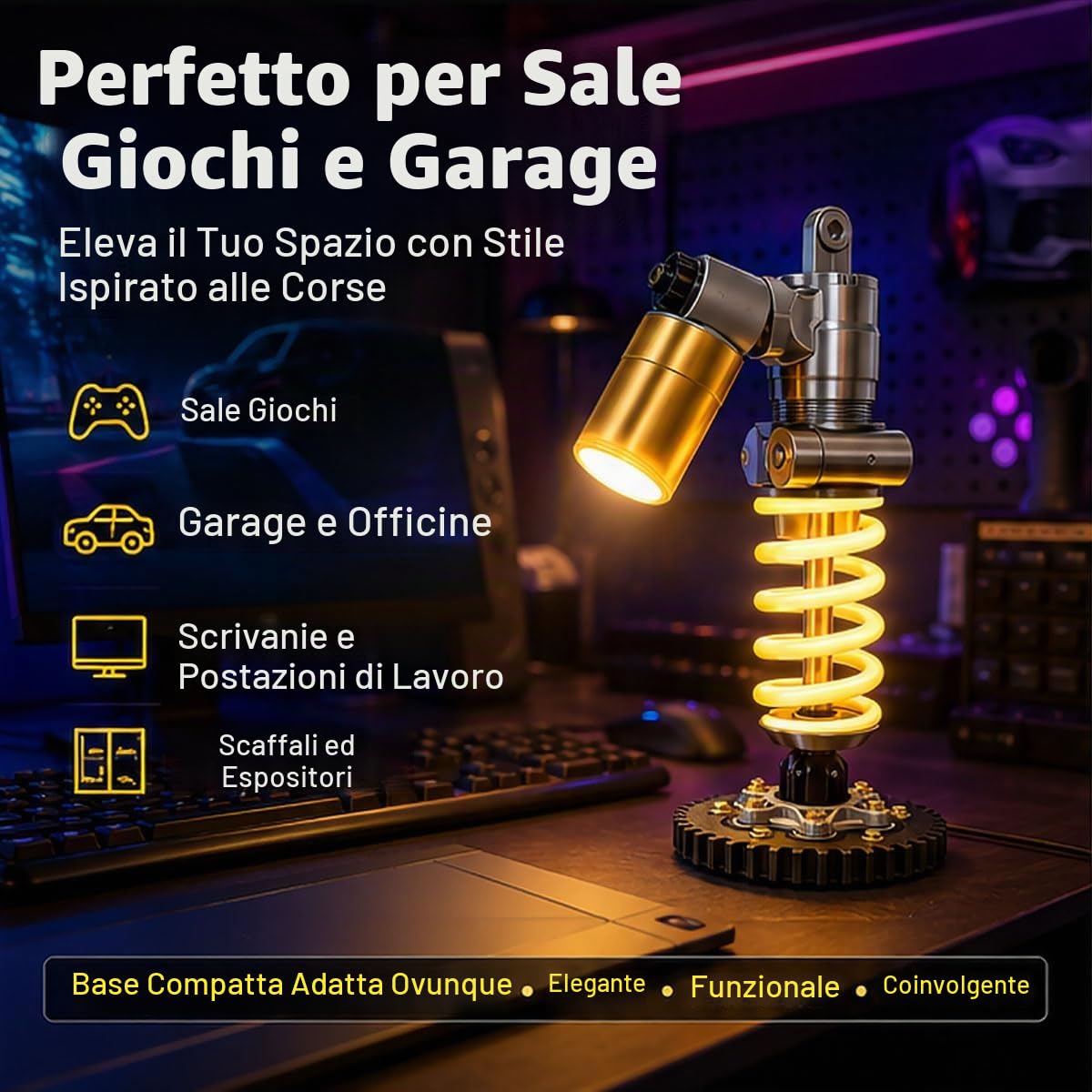 Lampada da scrivania a LED con ammortizzatore 3D, luce notturna a LED in stile industriale, pressione dell'aria regolabile e LED a molla morbida e luminosa, per sala giochi, garage e amanti delle auto