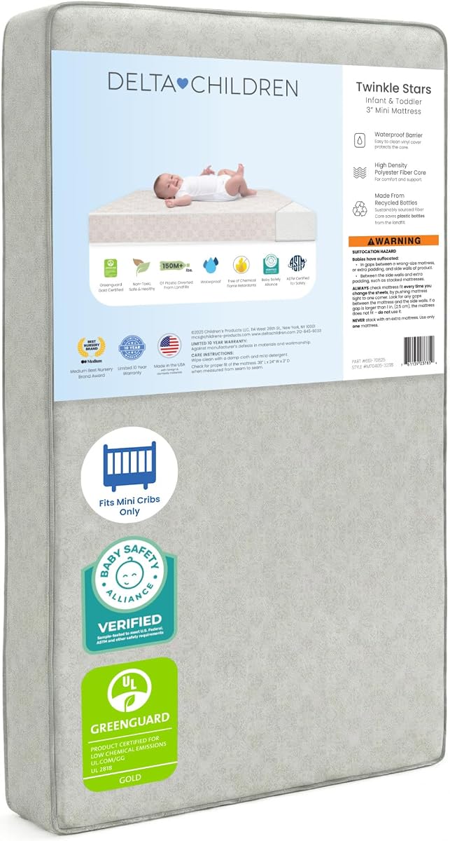 Colchón para cuna mini/portátil Delta Children Twinkle Stars de 3 pulgadas - Núcleo de fibra de origen sostenible de primera calidad - Impermeable - Certificado GREENGUARD Gold (no tóxico) - Garantía confiable de 10 años - Hecho en EE. UU.