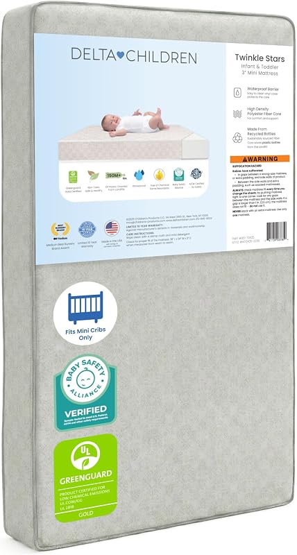 Colchón para cuna mini/portátil Delta Children Twinkle Stars de 3 pulgadas - Núcleo de fibra de origen sostenible de primera calidad - Impermeable - Certificado GREENGUARD Gold (no tóxico) - Garantía confiable de 10 años - Hecho en EE. UU.