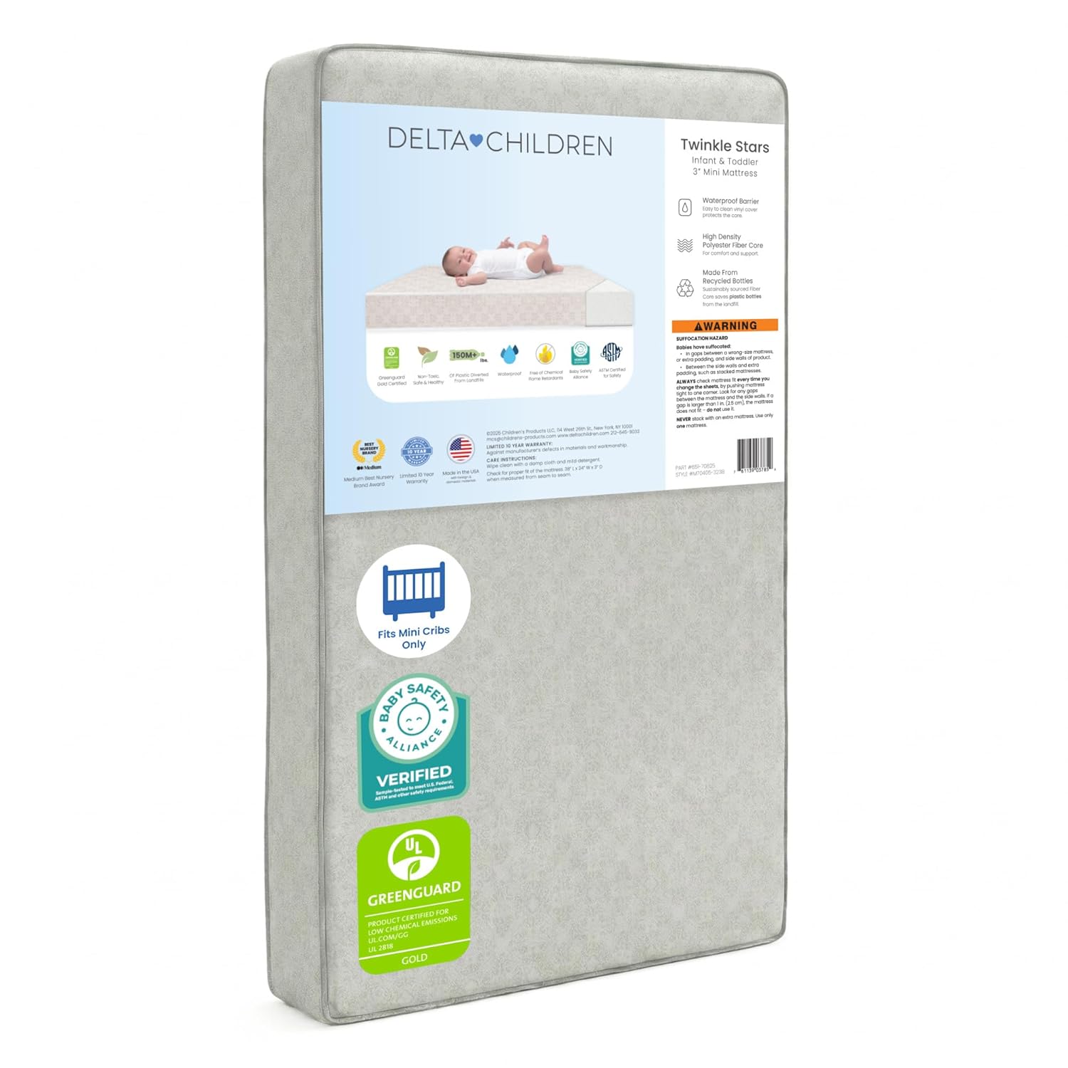 Delta Children Twinkle Stars 3-Inch Mini/Portable Crib Mattress - Premium Sustainably Sourced Fiber Core - Waterproof - GREENGUARD Gold Certified (Non-Toxic) - Trusted 10 Year Warranty - Made in USA