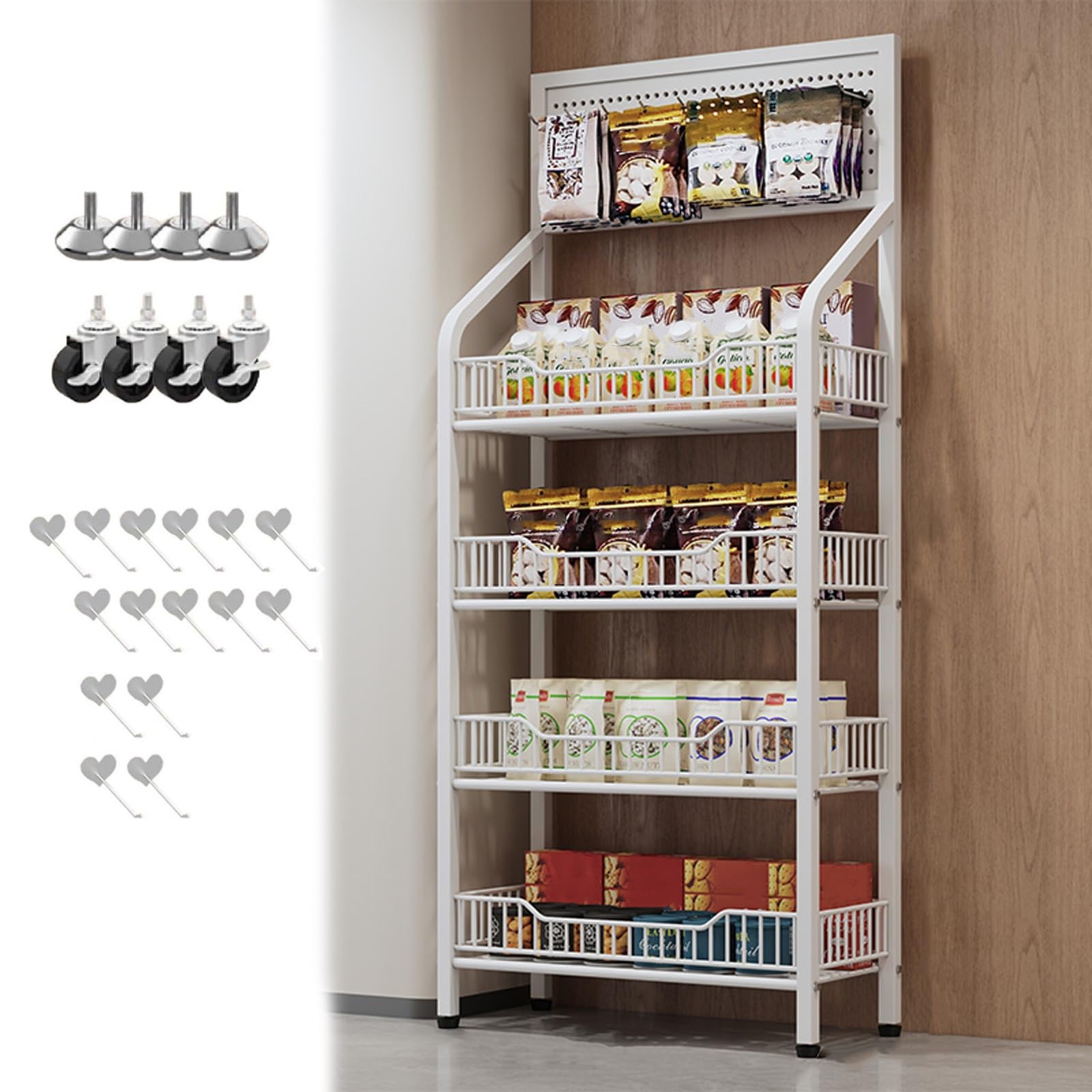 Süßwaren- und Snack-Verkaufsständer, 4-stöckiger Metall-Supermarkt-Imbiss-Kartofkaufsständer mit Rollen, Haken und Fußmatten, Lagerregalwagen (Weiß, 60 x 27 x 140 cm / 23,6 x 10,6 x 55 Zoll)