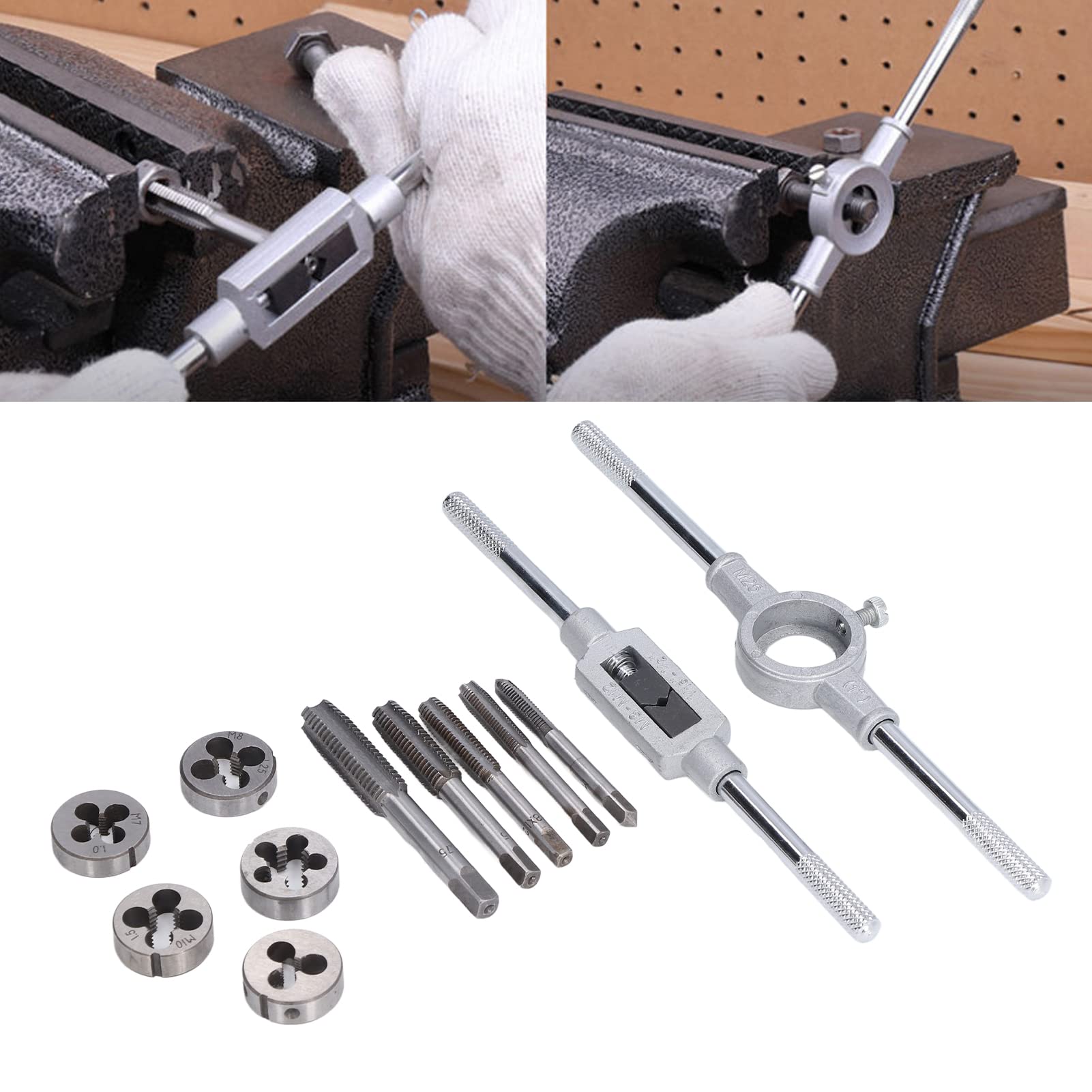 12 pezzi Kit di utensili per maschiatura manuale, chiave per trapano, chiave per filiera, kit di riparazione di filettature in acciaio rapido per cuscinetti, chiave fissa manuale, forniture industr