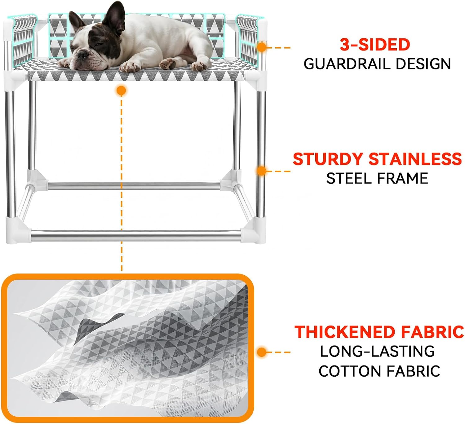 Kuntrust Bedside Dog Bed with 3-Side Safety Railing，for Small Dog and Cat | Breathable Fabric, Stainless Steel Frame, Anti-Slip Feet