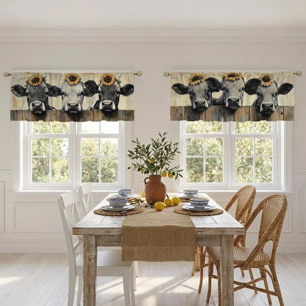 Beach Ocean Curtain for Windows 2 Pack,Tropical Palm Shell Sailboat Rod Pocket Window Treatments Short Curtains for Kitchen Windows Bathroom Bedroom 54x18 (Sunflower Cow)