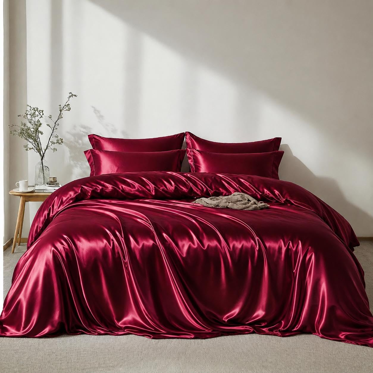 Lanqinglv - Juego de ropa de cama de satén, 135 x 200 cm, simulación de seda, 2 piezas, lila, funda nórdica con funda de almohada de 50 x 75 cm, microfibra, borgoña, 220x240cm+80x80cm*2