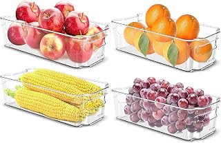 SKY-TOUCH 4 Pack Clear Stackable Storage Bins, Organizer Boxes with Handle for Kitchen Organization, Perfect for Kitchen, Fridge, Shelves, Cupboard, BPA Free