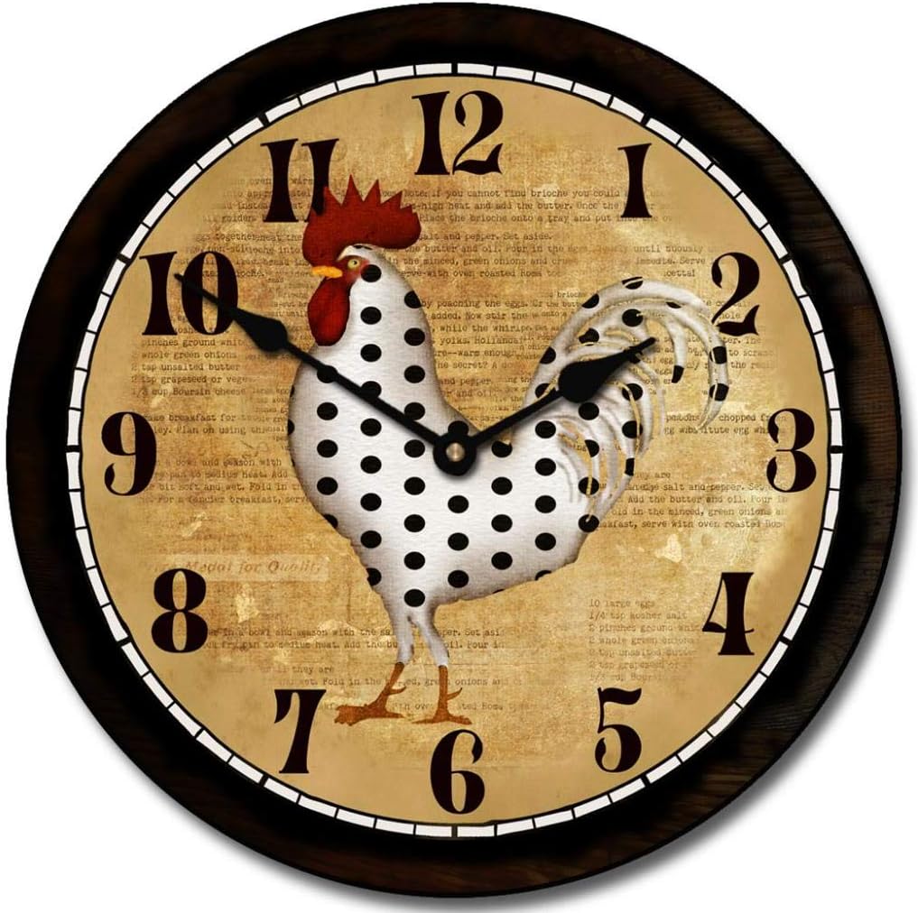 Black & Cream Rooster Wall Clock | Ultra Quiet Quartz Mechanism | Hand Made in USA Beautiful Crisp Lasting Color | Comes in 8 Sizes | 12-Inch