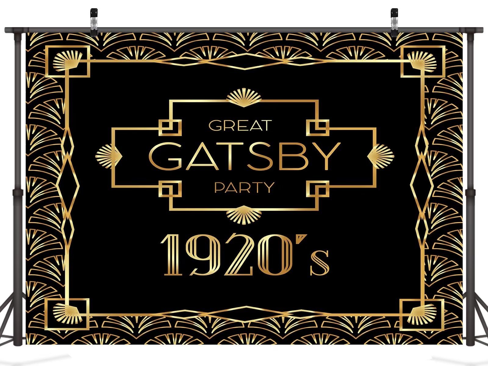 15x8ft Fondo de Tela Gatsby para fotografía, Fondo para decoración de Fiesta de cumpleaños, patrón Dorado Negro, Retro, Rugido de los años 20, celebración navideña, Cartel de graduación