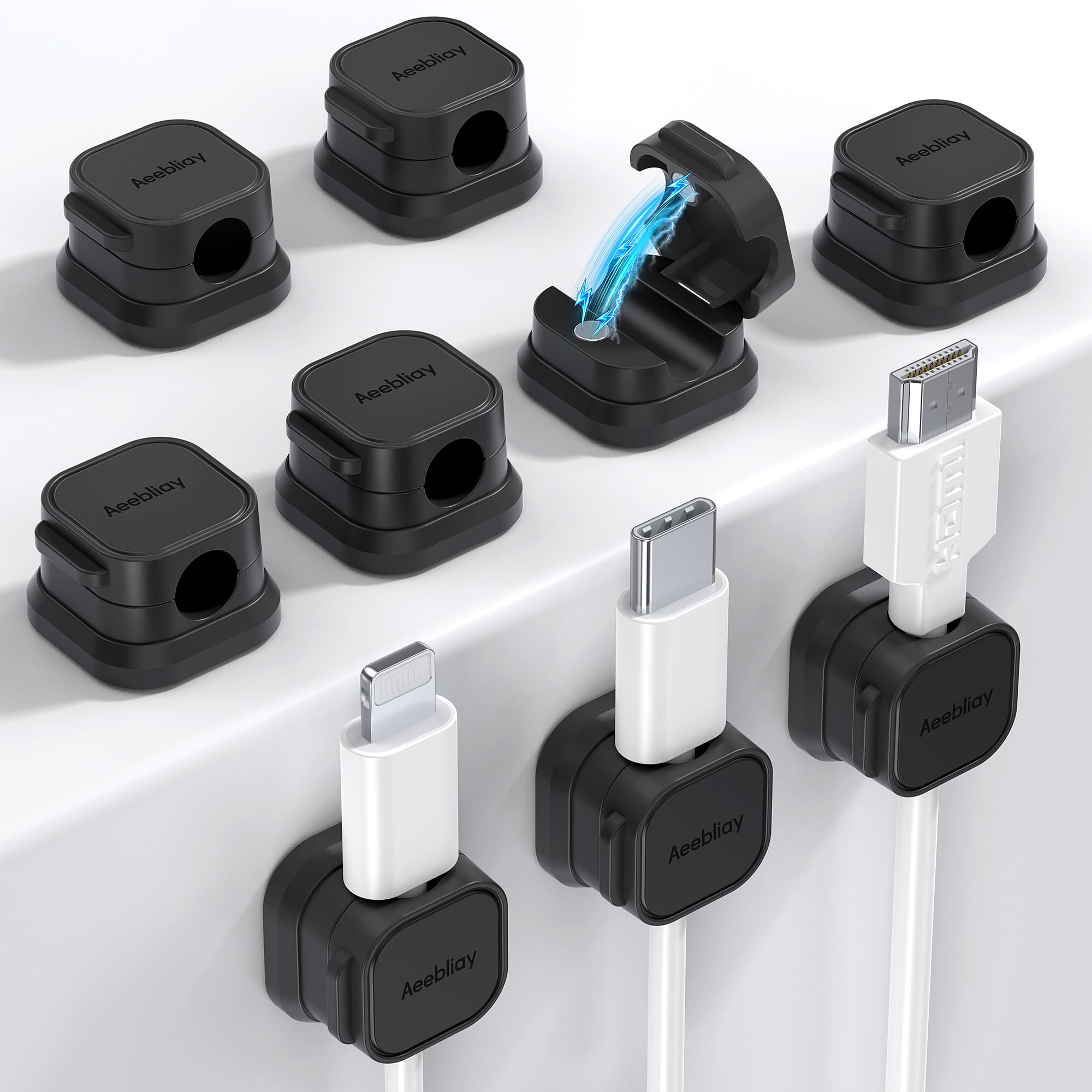 9 Pack Magnetic Cable Clips Cord Holder, Aeebliay Desk Cable Management Accessories, Adhesive USB Wire Holder Keeper Organizer for Home Office Desk Phone Car Wall Desktop Nightstand - Black
